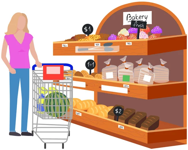 女士在超市里看面包店有购物车的妇女在杂货店里选择糕点 — 图库矢量图片