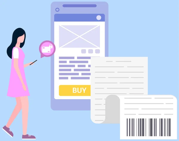 Frau in der Nähe Smartphone mit Kauf-Symbol auf dem Bildschirm Käufe tätigen, Online-Shopping mit App — Stockvektor