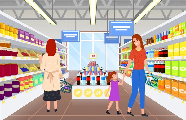 La gente hace compras, elige mercancías, compra productos en el supermercado, tienda de comestibles, tienda con alimentos — Archivo Imágenes Vectoriales