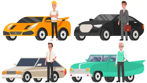 Mans de diferentes gerações ao lado de seu transporte pessoal. Masculino em pé perto de automóveis — Vetor de Stock
