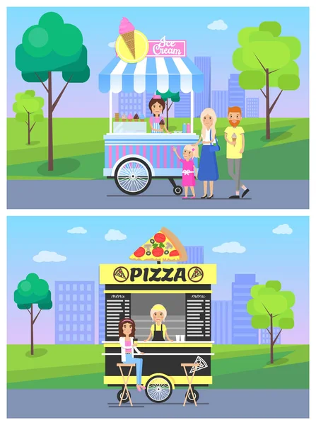 Stands de pizza et de crème glacée dans le parc urbain moderne — Image vectorielle