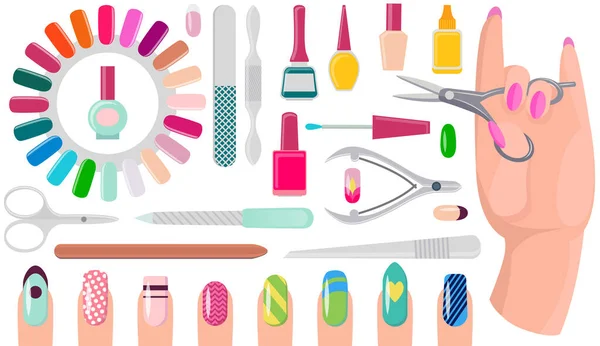 Various accessories and tools for manicure. Hand care products, scissors, clippers, nail polish — Stock Vector