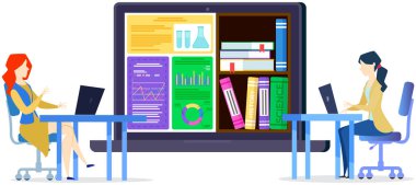 Öğrenciler eğitim malzemeleri ve sanal kitaplıkla öğreniyorlar. Bayanlar bilgisayarda çalışır