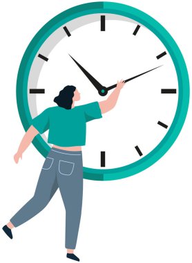 Son teslim tarihini geciktirmeye çalışan kadın. Planlama, dakiklik, zaman yönetimi. Bayan saat okunu tutuyor