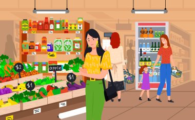 İnsanlar alışveriş yapar, mal seçer, süpermarketten, bakkaldan, yiyeceklerle alışveriş yapar.