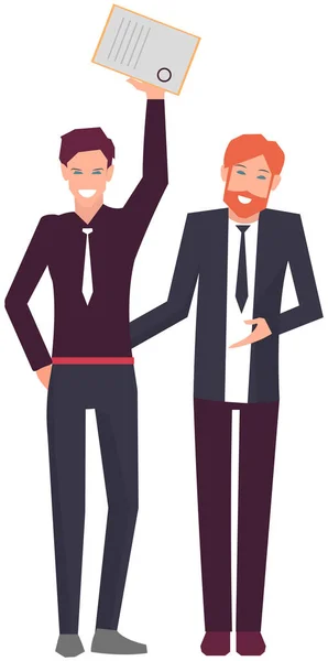 Businessmen standing with diploma in hands. Male employees win prize, victory in competition — Stock Vector
