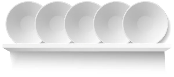 Placas brancas redondas na prateleira de madeira para utensílio. Coisas de cozinha para cozinhar e servir alimentos — Vetor de Stock