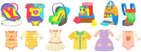 Vêtements pour enfants, combinaison, robe, combinaison près des jouets en développement, articles pour bébé, petit enfant — Image vectorielle