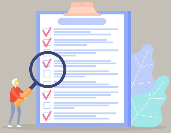 Человек учится делать список с увеличителем. Человек с увеличительным стеклом просматривает контрольный список в буфере обмена