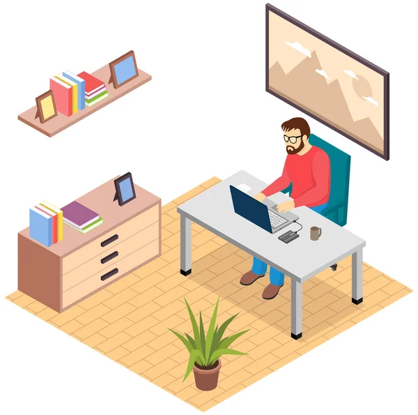 Oficina de trabajo. Hombre de negocios que trabaja con el ordenador portátil y documentos en la mesa ilustración aislada — Vector de stock