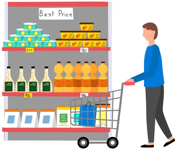 La gente hace compras, elige mercancías, compra productos en el supermercado, tienda de comestibles, tienda con alimentos — Vector de stock