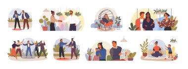 Dışa dönük ve içe dönük insanlar sahneleri ayarlandı. Kişisel alan, sosyal uzaklık, psikolojik endişe