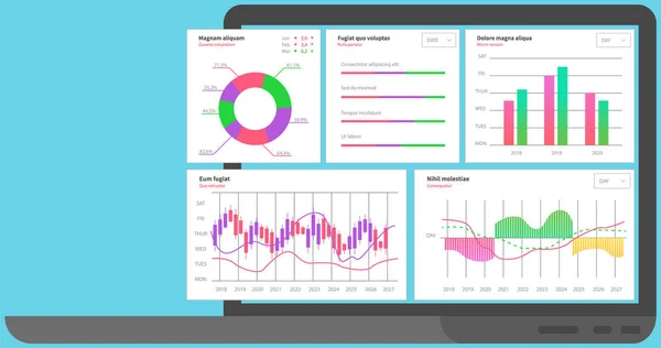 Diagramas de mercado. Visualización y análisis de la información gráfica. Indicadores estadísticos y datos — Archivo Imágenes Vectoriales