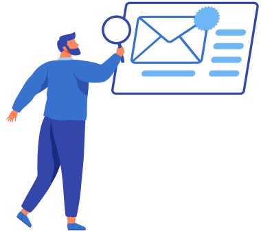 Elinde büyüteç olan bir adam dijital zarfa bakıyor. Kişi internet üzerinden e-posta alır