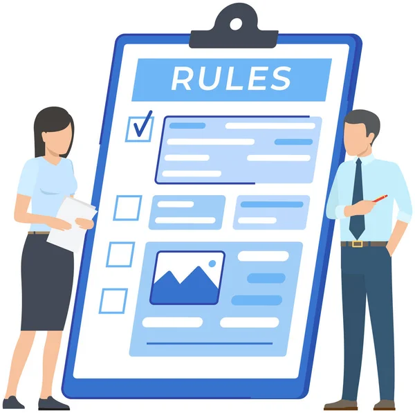 Colleagues discuss business rules. People near giant clipboard, task done and check mark checklist — Stock Vector