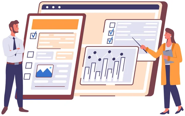 Business analytics team monitoring finanční zprávy a investice studium infographic — Stockový vektor