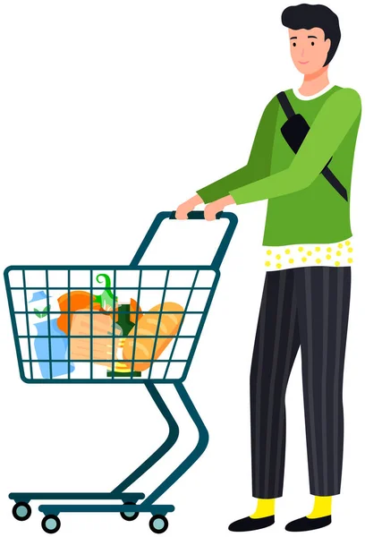 Guy with food cart makes purchases, buys goods in supermarket. Man with grocery trolley shopping — Stock Vector