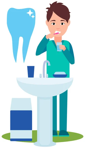 Lavarsi i denti con dentifricio e spazzolino. Guy risciacquo bocca con prodotti per la cura dentale — Vettoriale Stock