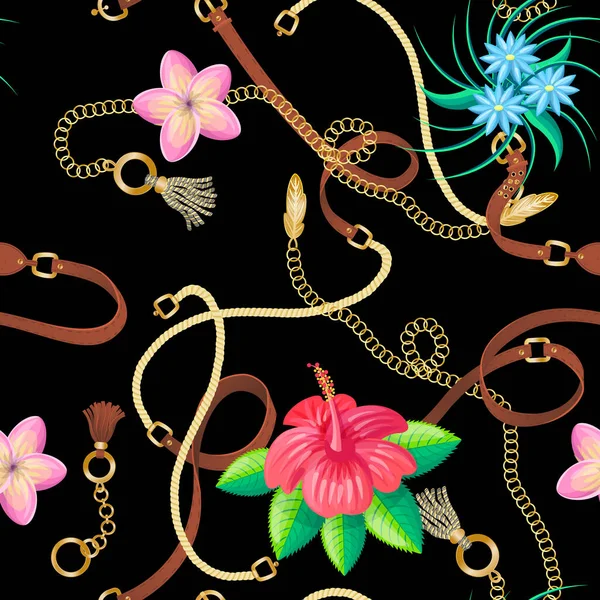 Nahtloses Muster mit Gürteln, Kette und Blumen für Stoffdesign, Accessoires auf schwarzem Hintergrund — Stockvektor