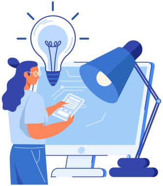 İş kadını yeni dijital proje tasarlıyor. Bilgisayar programı ile çalışırken yeni bir fikir