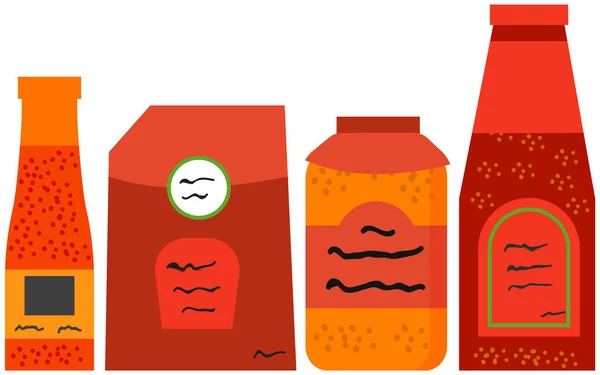 Gewürze, Ketchup, Salsa, Lebensmittelzutaten in Flaschen. Tomatensauce in Plastik- oder Glasbehältern — Stockvektor