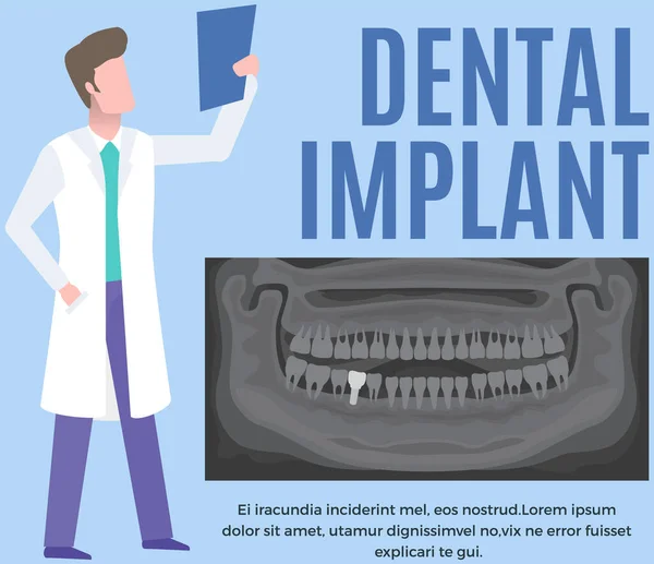 De dokter onderzoekt röntgenfoto 's met gezonde tanden en tandheelkundig implantaat. Radioloog diagnosticeert menselijke kaak — Stockvector