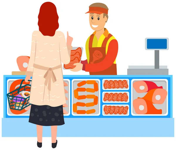 Woman with grocery basket chooses meat steak in street food market, butcher shop with salesman — Stock Vector