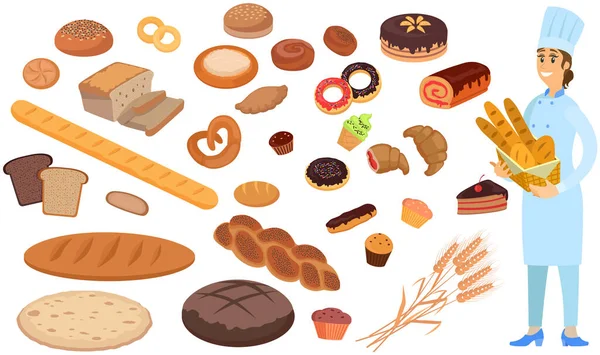 Trabajadora de panadería con canasta de pan junto a varios pasteles, postres, pasteles — Vector de stock