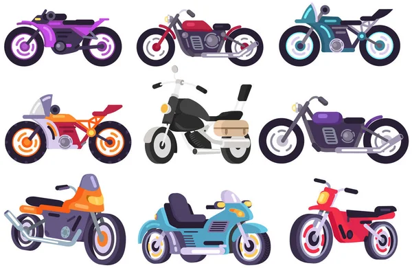 バイクデザインのフラットスタイルのセット。オートバイや自転車の種類、オートバイの分離 — ストックベクタ