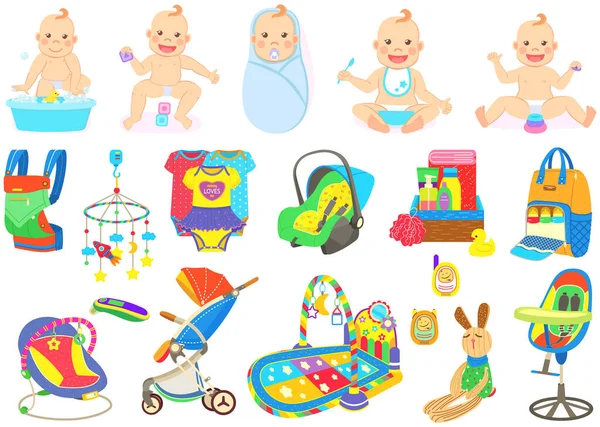 Bambini multinazionali, bambini che giocano, oggetti per la cura del bambino, articoli per neonati, set di icone — Vettoriale Stock
