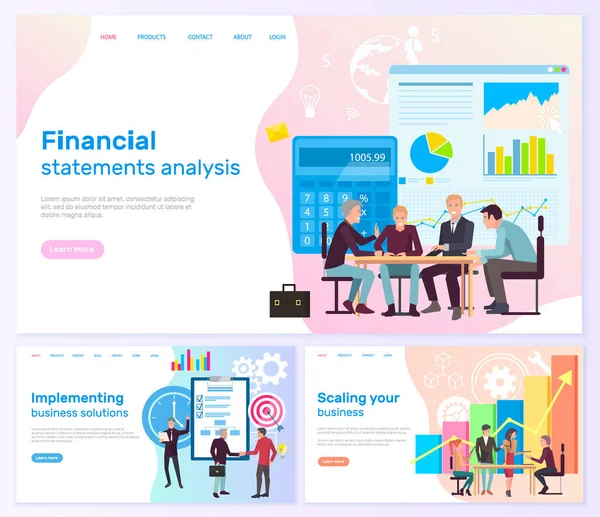财务报表分析、解决方案的实施和企业网站模板的扩展 — 图库矢量图片