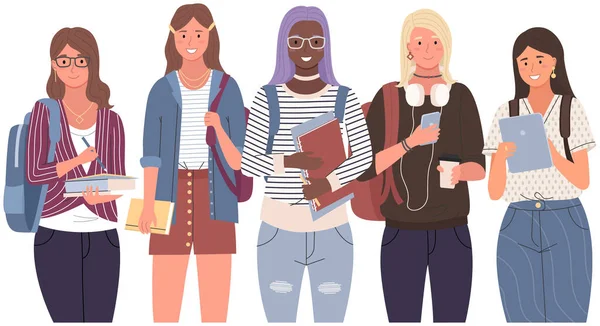 Personajes femeninos multinacionales, estudiantes de institución educativa, universidad, alumnos de escuela — Vector de stock