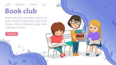 Kitap kulübü konsepti. Kitap okuyan küçük insanlar. Kütüphanedeki çocuklarla vektör indirme şablonu