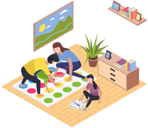 Niños felices jugando juego de mesa con los padres, divertirse en casa. Escenas de entretenimiento familiar — Vector de stock