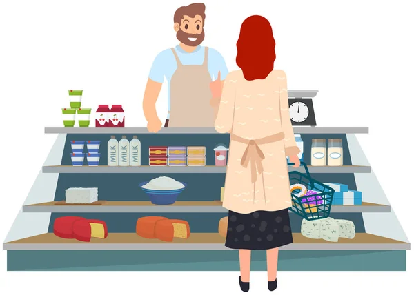 Mann verkauft Bio-Milchprodukte. Frau mit Einkaufskorb wählt Milch in Streetfood-Markt — Stockvektor