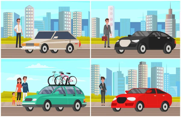 Personas de diferentes generaciones junto a su transporte personal. Personas de pie cerca de automóviles — Vector de stock