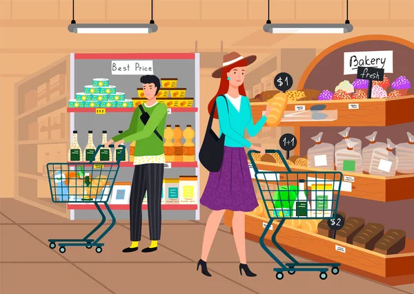 Lidé nakupují, vybírají zboží, nakupují výrobky v supermarketech, obchodech s potravinami, obchodech s potravinami — Stockový vektor