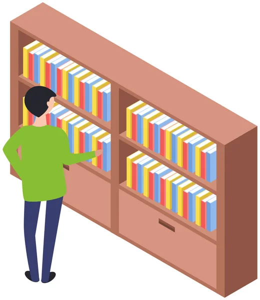 A tanuló könyvet vesz a könyvtár ikonpolcán. Férfi a könyvesboltban áll a könyvespolc mellett könyvekkel — Stock Vector