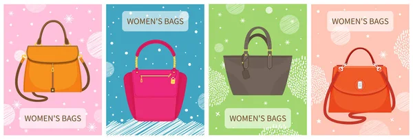 Set van vrouwen tas vector poster op veelkleurige achtergronden, stijlvolle handtas, vrouwelijke accessoires — Stockvector