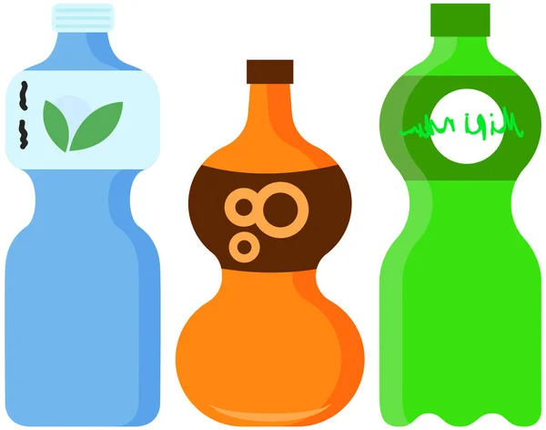 Luftad söt dryck, mousserande fruktsmaksatt dryck. Uppsättning plastflaskor med lemonader — Stock vektor