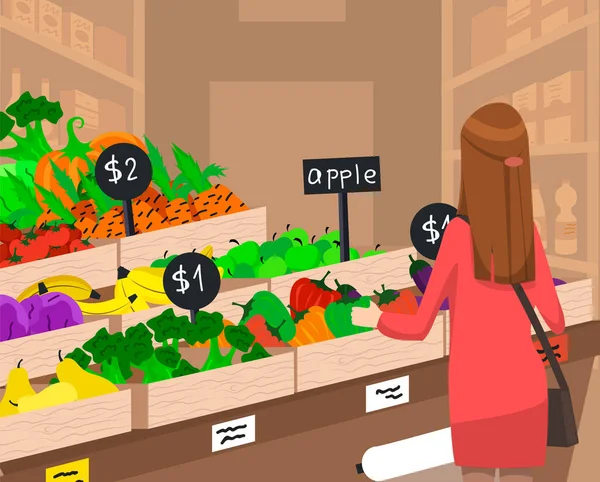 Женщина выбирает продукты в овощном отделе продуктового магазина. Девушка делает покупки в супермаркете — стоковый вектор