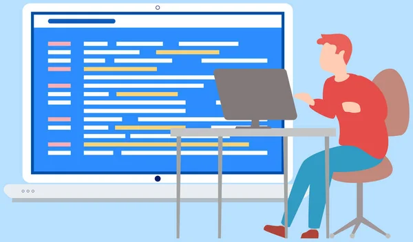 コンピュータプログラム、コーディング、プログラマーをコンピュータで作業中に作成するプログラミングプロセス — ストックベクタ
