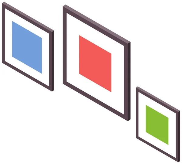 Современные абстрактные изображения в кадрах. Изображения цветных квадратов на стене. Дизайн интерьера — стоковый вектор