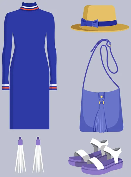 Donne moda colore set con abito e borsa isolati elementi illustrazione del guardaroba femminile — Vettoriale Stock