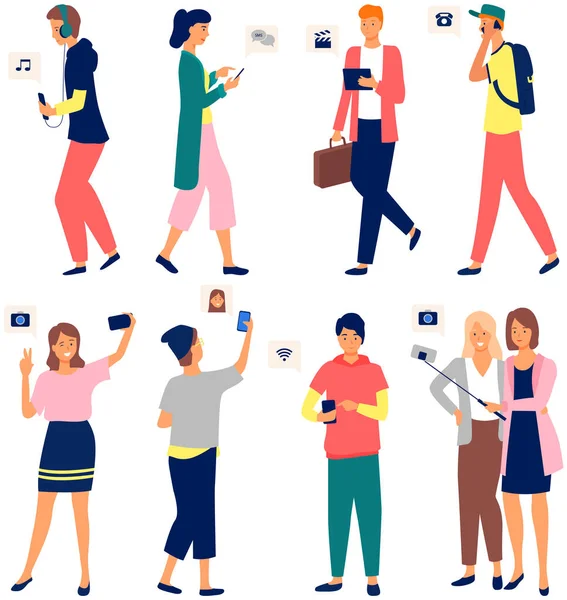 Global data sharing data concept vector illustration of young people using mobile smartphone — Stockový vektor