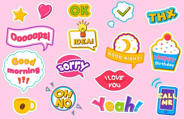 Metin, çizgi roman simgeleri, renkli etiket paketi arkaplan desenli çizgi film stili yama rozetleri