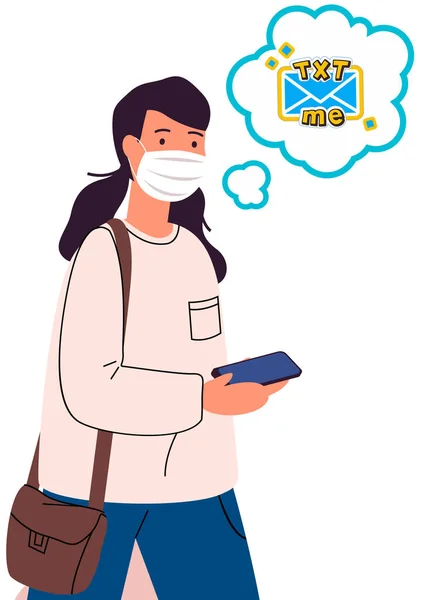 Egy hölgy szöveges szöveggel a szövegbuborékban. Lány védő arc maszk chat okostelefon — Stock Vector