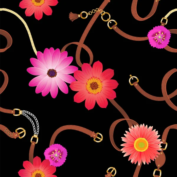 Nahtloses Muster mit Gürteln, Kette und Blumen für Stoffdesign, Accessoires auf schwarzem Hintergrund — Stockvektor