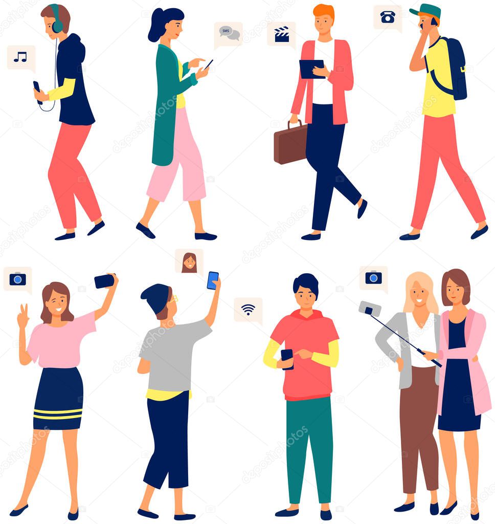 Global data sharing data concept vector illustration of young people using mobile smartphone