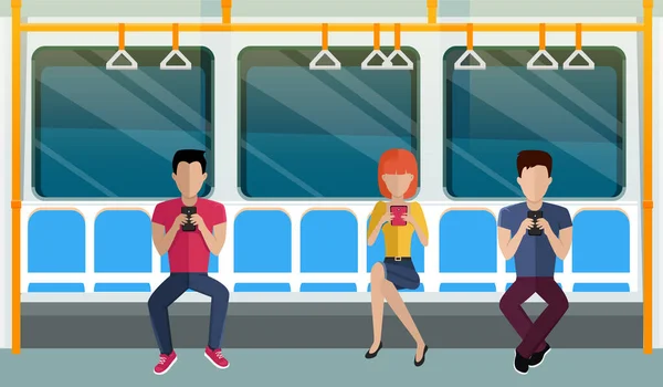 Starszy mężczyzna czyta gazety i kobieta słucha muzyki na smartfonie w wagonie kolejowym w metrze — Wektor stockowy